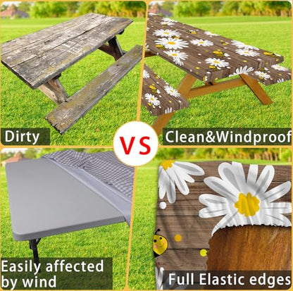 Bee Daisy Picnic Table Cover with Bench Covers Waterproof Windproof Elastic Fitted Outdoor Camping RV Tablecloths with Drawstring Bag Reusable Rectangle Rectangle Tables and Seats Cover 30X60IN - color: Brown/Yellow, size: 30" x 60" (Rectangular)