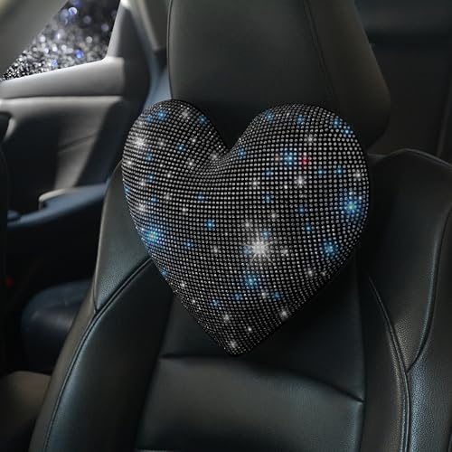 Car Headrest Neck Pillows Rhinestone Automobile Headrest Cover Car Headrest Neck Pillow for Driving with Bling Bling Crystal Car Accessories for Women, Girls and Ladies Black 2 Pieces - color: Black 2pcs