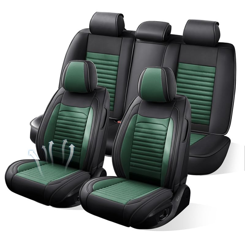 Car Seat Covers Full Set Fit for Chevy/Chevrolet Cruze 2011-2019, Premium Faux Leather Car Seat Protectors,Breathable Anti-Slip Full Wrapping Edge Seat Covers(Black&Green,Full Set)