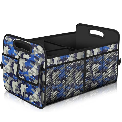 Car Trunk Organizer with 72L Large Capacity Waterproof Collapsible and 11 Pockets, Trunk Organizer for Car SUV/Jeep/Sedan, Large Size, Blue Camouflage - color: Blue camouflage, size: Large