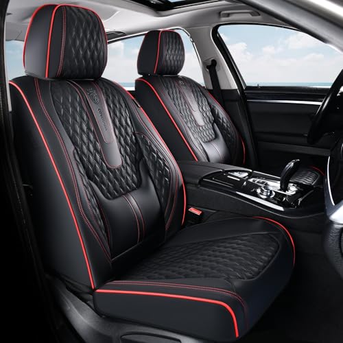 Coverado Front Seat Covers, Car Seat Covers Front Seats, Nappa Leather Seat Covers for Cars, Waterproof Seat Covers with Lumbar Support Universal Fit for Most Cars SUV Trucks (Front, Black-Red line) - color: A/Black-Red line, size: Front