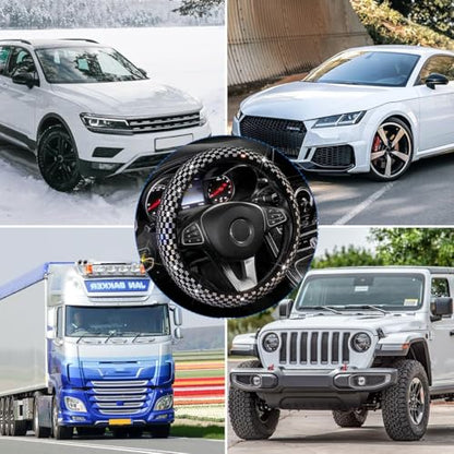 Bling Car Steering Wheel Cover, 14.96 Inch Crystal Glitter Rhinestones Vehicle Steering Wheel Protector, Diamond Automotive Interior Protective Guard Accessories, Universal Fit (White)