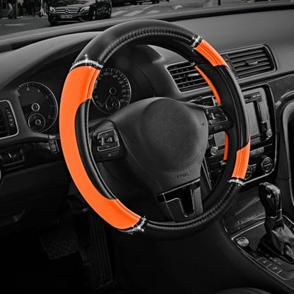 Road Comforts Leather Steering Wheel Cover - Made with PVC Leather - Anti-Slip, Universal Fit 14 1/2 inches to 15 inches - Orange - color: Orange