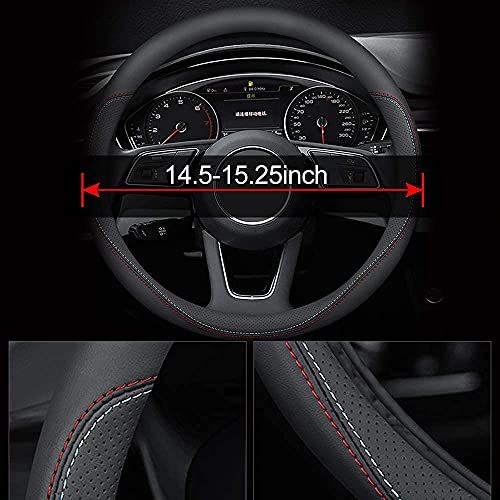 Carodi Latest Nappa Leather car Steering Wheel Cover, Stylish Non-Slip Leather car Interior 15 inches Universal（Black） - color: Black (red and blue lines)