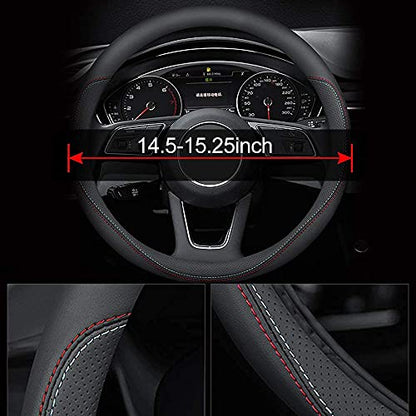 Carodi Latest Nappa Leather car Steering Wheel Cover, Stylish Non-Slip Leather car Interior 15 inches Universal（Black） - color: Black (red and blue lines)