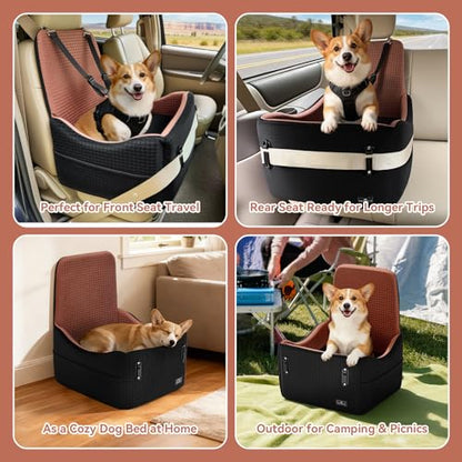 PETSFIT Dog Car Seat for Small/Medium Dogs Up to 35 lbs – Patented Safety System, 5" Memory Foam Pet Booster Car Seat, Fully Detachable and Washable Dog Carseat with 2 Storage Pockets (Black/Brown) - color: Black/Brown