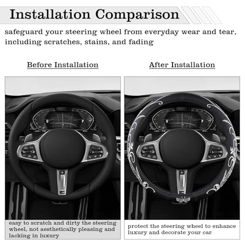 Car Leather Steering Wheel Cover - Panapi Material, Universal 14.5-15 Inch Leather Anti-Slip Breathable Auto Steering Wheel Covers for Men Women (Embroidery-White) - color: Embroidery-White