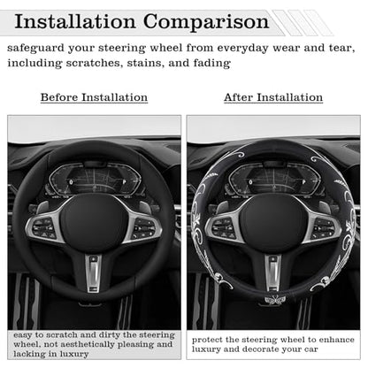 Car Leather Steering Wheel Cover - Panapi Material, Universal 14.5-15 Inch Leather Anti-Slip Breathable Auto Steering Wheel Covers for Men Women (Embroidery-White) - color: Embroidery-White
