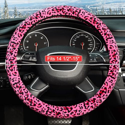 KAFEEK Leopard Plush Steering Wheel Cover for Woman Girl, Universal 15 inch, Pink - color: leopard pink, size: Standard Size[14 1/2''-15'']