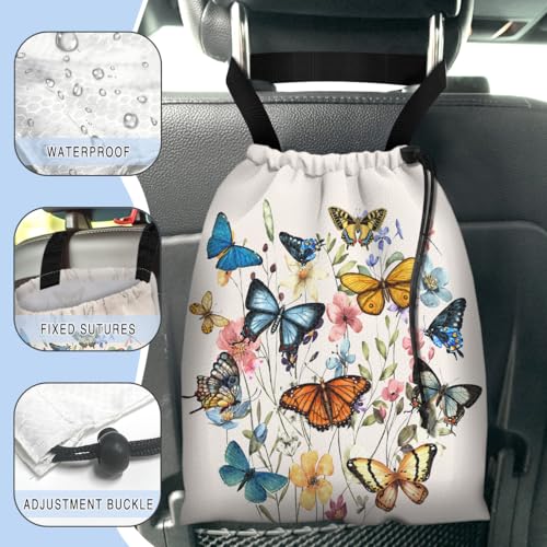Car Trash Bag Hanging Back of Seat Waterproof Small Cute Printed One-Handed Strap Drawstring Garbage Bags for Car-Butterfly Wildflower - color: Butterfly Wildflower Car Trash Bag