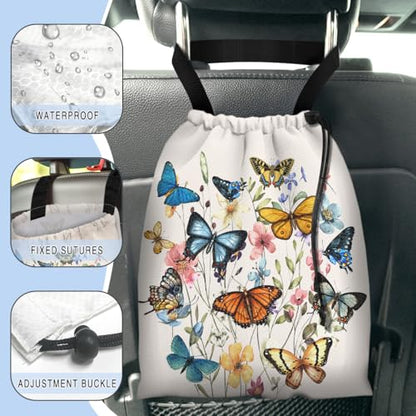 Car Trash Bag Hanging Back of Seat Waterproof Small Cute Printed One-Handed Strap Drawstring Garbage Bags for Car-Butterfly Wildflower - color: Butterfly Wildflower Car Trash Bag