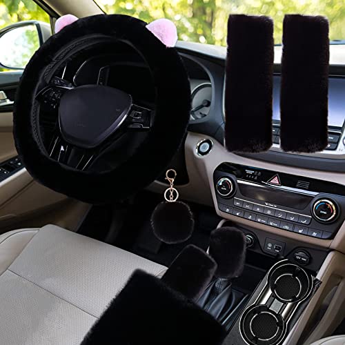 9 Pack Cute Bear Fluffy Steering Wheel Cover with Furry Gear Cover,Handbrake Cover,Seat Belt Pad,Armrest Pad,Bling Car Coaster and Fur Key Chain for Women Girls (Black) - color: Black