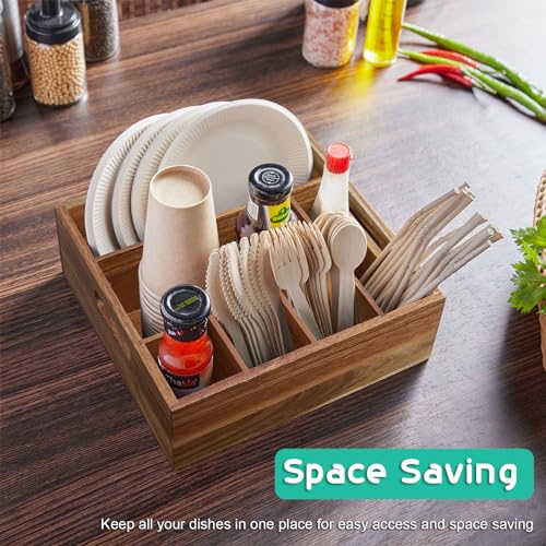 ALELION Acacia Wood Utensil Holder for Party - Paper Plate Organizer for Countertop - Silverware Caddy with 6 Compartments for Plate, Cup, Fork, Spoon - Cutlery Holder for Kitchen Camping Buffet - style: Acacia Wood
