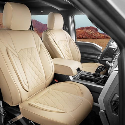 F150 Seat Covers Front Set, Faux Leather Truck Seat Covers Diamond Quilted Custom Fit for 2009-2026 F-150 SuperCrew & 2017-2026 F250 F350 F450 Crew Cab XL XLT Lariat King Ranch (Beige) - color: Beige, size: Front