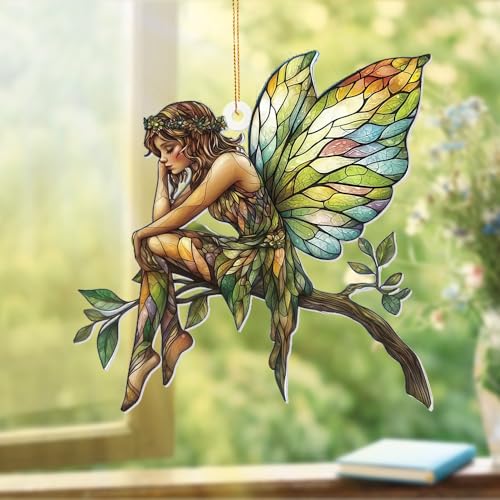 Stained Glass Fairy Ornament – Acrylic Suncatcher Window Hanging, Woodland Fantasy Decor, Christmas Tree Ornament 2026, Car Rearview Mirror Charm, Gift for Fairy Lovers, Women, Girls, Teachers(Sun-10) - color: Sun-10