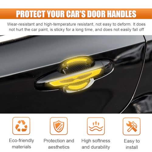 BDZMC 8PCS Car Door Handle Protector Stickers, 3D Carbon Fiber Paint Guard Cover, Outdoor Safety Warning Reflective Protective Films, Car Door Handle Scratch Protector for Most Cars (Yellow)