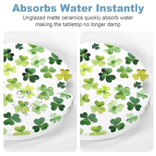 2 Pack Car Cup Holder Coaster, 2.63 inch Anti Slip Insert Absorbent Ceramic Car Coaster with Cork Base and Finger Notch, Cute Car Accessories Interior for Women, Cute Car Coasters., Clover