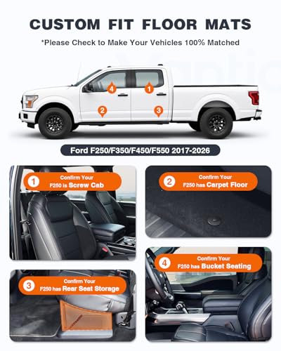 Floor Mats for 2017-2025 2026 Ford F250 F350 F450 F550 Super Duty Crew Cab, Front Bucket Seats with Rear Under-Seat Fold-Flat Storage, Custom Fit All Weather TPE Floor Liners - size: 2017– 2026 Ford F250 F350 F450 F550