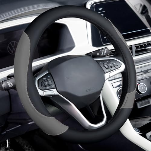 Coverado Car Steering Wheel Cover, Nappa Leather Black & Gray Steering Wheel Covers, Universal 14-15 inch, Anti-Slip, Breathable Steering Wheel Protector for Women Men - color: B-BlackGray