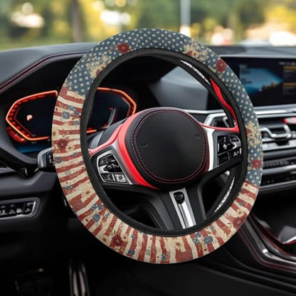 AFPANQZ American Flag Daisy Car Steering Wheel Cover Stretch-on Comfortable Grip Automotive Steering Wheel Cushion Anti-Slip Universal 14-15 inch Machine Washable - color: American Flag Daisy