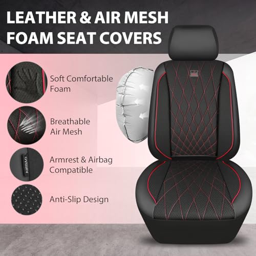 CAR PASS Thick Foam 3D Air Mesh Leather Car Seat Covers Front Seats Only, Breathable Premuim Leather Two Front Seat Cover, Airbag Compatible Universal Fit for 95% Sedan Van Truck SUV,Black and Red - color: Black and Red Air Mesh, size: Two Front