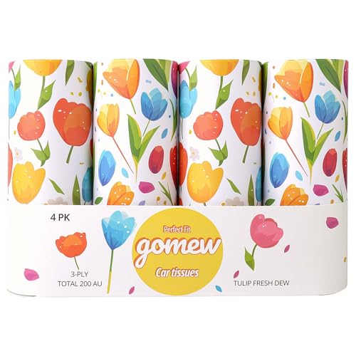 Car Tissue Holder (4 PK) - 50 3-Ply Tissues per Cylinder, Fits Car Cup Holders, Portable Travel Tubes Box Container, Tulip Design, Round Tissue Container for Car Accessories - style: Tulip