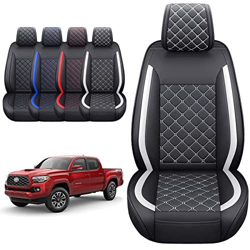 Tomatoman Tacoma Seat Covers Customized for 2005-2025 2026 Sport Double Cab SR V6 Pickup Truck, Waterproof Faux Leather Car Cushions(2 PCS Front, Black-White) - color: 2 PCS Front/Black-White