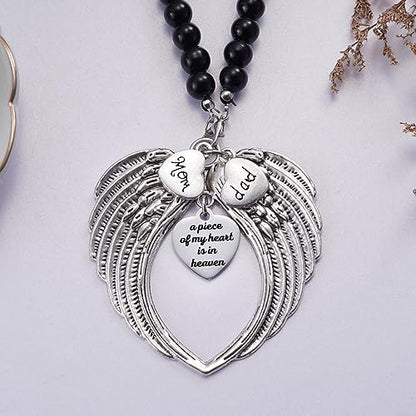 Silver Angel Wings A Piece of My Heart is in Heaven Rear View Mirror Car Charm, Mom Dad Angel Ornament, Sympathy Condolence Gift