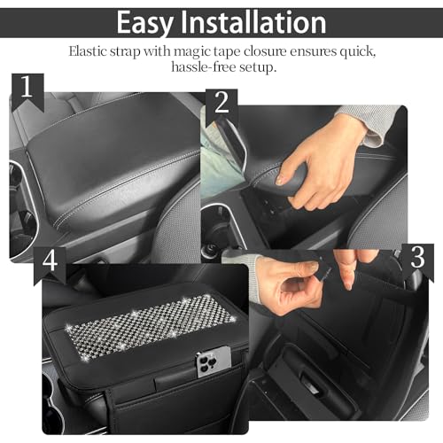 NBTEPEM Bling Car Armrest Cover, Universal Microfiber Leather Center Console Cover with 2 Pockets, Rhinestone Car Armrest Cushion Protector, Bling Accessories Interior (Black Diamond) - color: Black Diamond