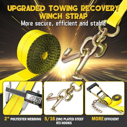 4PCs Towing Recovery Winch Strap w/RTJ Cluster Hook 2" x12', with 4PCs Ratchet Chain Tail, 10000LBS Recovery Towing Truck Straps, Towing Truck Car Trailer Winch Wrecker Tie Down Straps - size: 2"x12FT w/Ratchet(4PCs)