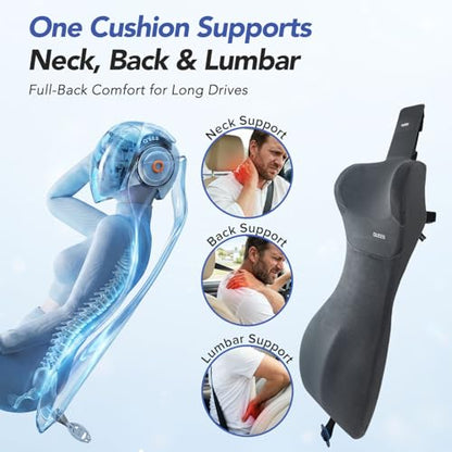 Lumbar Support Pillow for Car with Headrest, Memory Foam Cushion for Back & Neck Support, Muscle Fatigue Relief, Full-Length S-Curve Support for Long Drives, Fits Cars, SUVs, Trucks