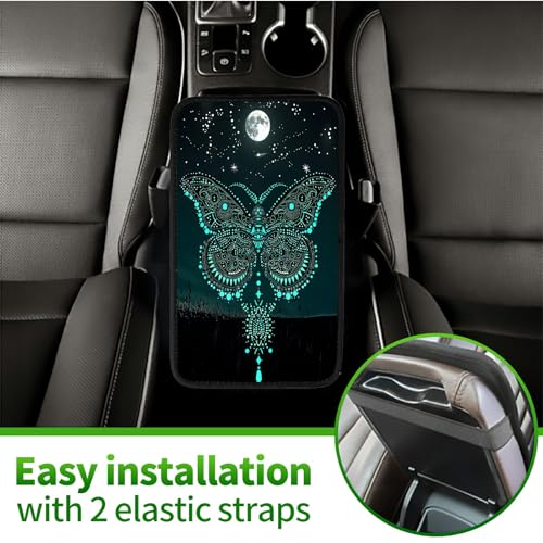 Universal Auto Center Console Pad and 2Pcs Car Coasters Set, Anti Slip Soft Neoprene Car Armrest Seat Box Cover Protector Universal Fit - Car Interior Accessories, Green Butterfly - color: 498