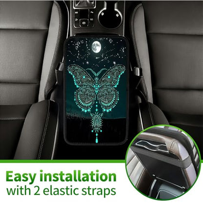 Universal Auto Center Console Pad and 2Pcs Car Coasters Set, Anti Slip Soft Neoprene Car Armrest Seat Box Cover Protector Universal Fit - Car Interior Accessories, Green Butterfly - color: 498