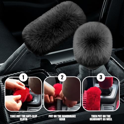 2PCS Plush Car Gear Shift Knob Cover & Handbrake Cover, Shift Knob Protector, Soft Fluffy Gear Handbrake Protective Sleeves, Shifter Lever Brake Handle Warm Plush Set for Cars (Black) - color: Black