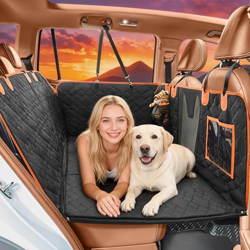 Dog Car Seat Cover for Back Seat, 600D Heavy Duty Hard Bottom Back Seat Extender for Dogs, Waterproof Scratchproof Nonslip Dog Hammock with Mesh Window, Universal Fit for Cars Trucks SUVs