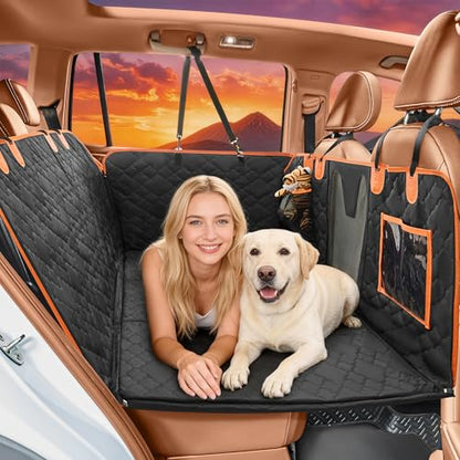 Dog Car Seat Cover for Back Seat, 600D Heavy Duty Hard Bottom Back Seat Extender for Dogs, Waterproof Scratchproof Nonslip Dog Hammock with Mesh Window, Universal Fit for Cars Trucks SUVs