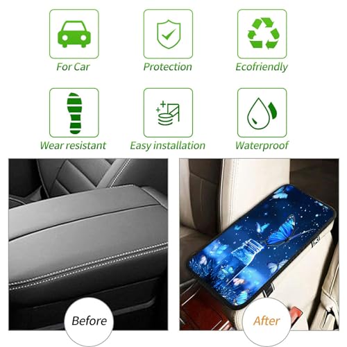 Universal Auto Center Console Pad and 2Pcs Car Coasters Set, Anti Slip Soft Neoprene Car Armrest Seat Box Cover Protector Universal Fit - Car Interior Accessories, Blue Butterfly - color: 511