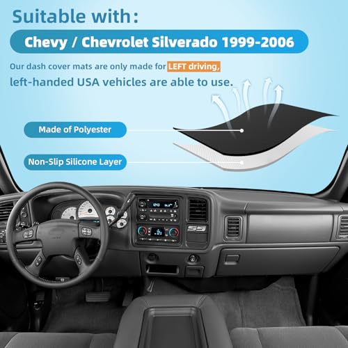 Dashboard Dash Cover Mat for Chevy Chevrolet Silverado 1999 2000 2001 2002 2003 2004 2005 2006 Polyester Custom Fit Silverado Dash Cover (Silverado 1999-2006, Black) - size: Chevy Silverado 1999-2006