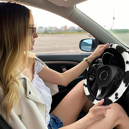 JINGSEN11 Pieces Fluffy Car Accessories Set,Fluffy Cow Print Plush Steering Wheel Covers for Women Soft Fleece Handbrake Cover Shift Cover Car Trim Warm Non-Slip (Black) - size: black