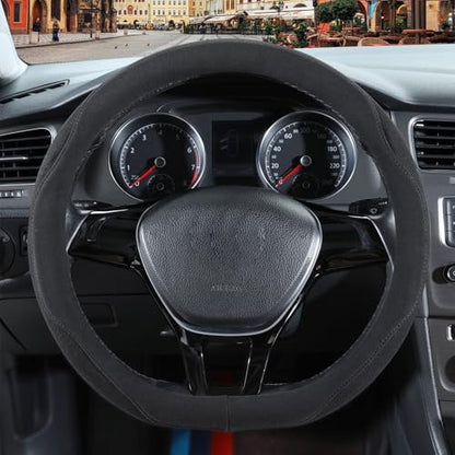 Black Suede D Shaped Steering Wheel Cover, Breathable Non-Slip Sweat-Proof Wear-Resistant No Pilling, Warm in Winter and Cool in Summer, Universal 15 inch - color: Black, size: D Shape-M[14.5''-15'']