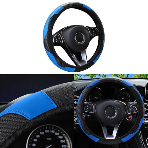 Car Steering Wheel Cover, 15 inch Carbon Fiber Microfiber Anti-Slip Breathable PU Leather Elastic Steering Wheel Protector, Car Interior Accessories for Most Cars (Blue) - color: Blue