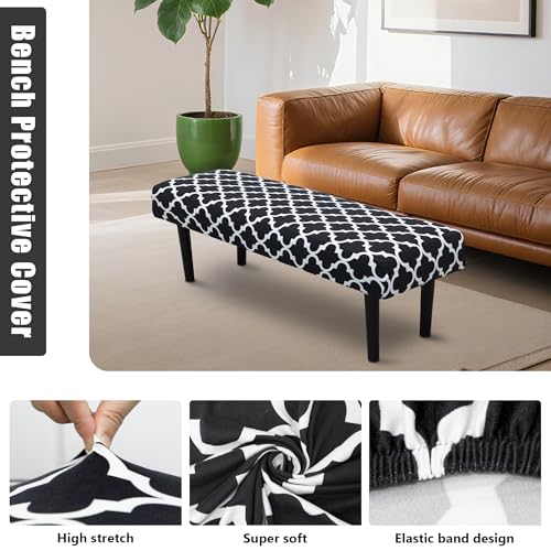 Stretch Bench Seat Cover, Reusable Slipcover for Dining Room & Bedroom, Removable Washable Rectangular Bench Covers, Elastic Fit for Home Furniture(Black & White) - color: Black & White