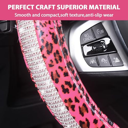 AUTOYOUTH Leopard Print Steering Wheel Cover - Bling Crystal Rhinestones Cheetah Print on PVC Leather Non-Slip Breathable Design for Women/Girls Universal Fit 14.5-15 Inch - Pink - color: PINK