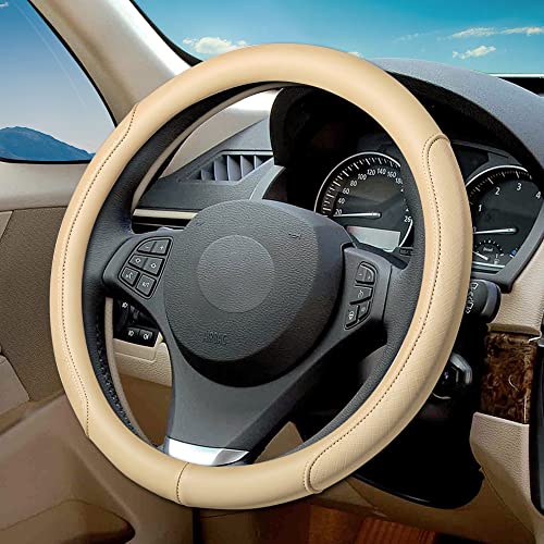 Microfiber Leather Steering Wheel Cover with Classic Embossing, Anti-Slip Breathable Auto Car Wheel Protector, Fit 15 Inch (Beige) - color: Beige