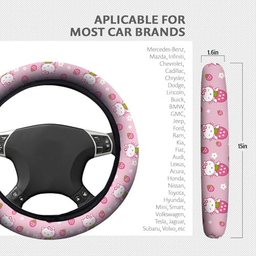 Kitty Accessories Car, Strawberry Pink Cat Wheel Cover, Y2K Car Accessories, Girly Steering Wheel Cover, Universal Fit 14.5-15 inch Auto SUV Vans Trucks, Anti-Slip and Sweat Absorption - color: Pink