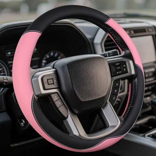 Leather Steering Wheel Cover for Ford F150/F250/F350, 15.5-16 Inch Truck Steering Wheel Grip, Breathable & Anti-Slip, Premium Semi Car Accessories (Pink) - color: Pink