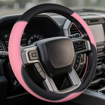 Leather Steering Wheel Cover for Ford F150/F250/F350, 15.5-16 Inch Truck Steering Wheel Grip, Breathable & Anti-Slip, Premium Semi Car Accessories (Pink) - color: Pink