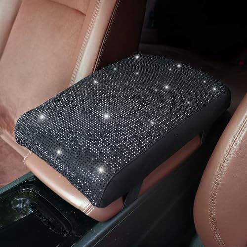 ToBeQueen Black Bling Car Armrest Cover with Memory Foam Cushion Pad & Rhinestones, Universal Diamond Center Console Cover for Cars, Bling Middle Console Cover, Bling Car Accessories for Women, Black - color: Black