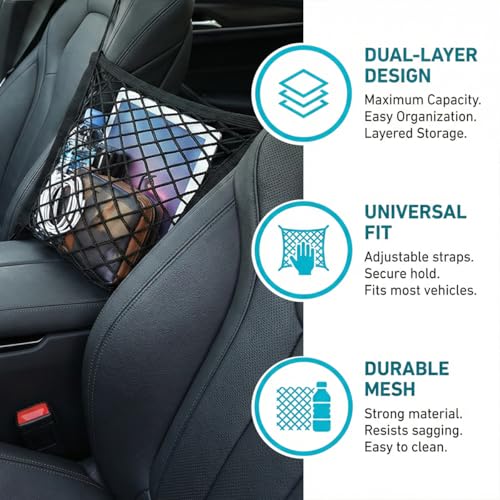 Car Mesh Organizer, 3-Layer Four-Side Elastic Vehicle Kid Dog Pet Net Barrier Between Front Seats, Automotive Interior Storage Netting Pouch for Tissue Purse, Universal for SUV Van Sedan