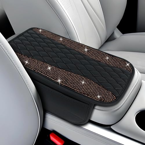 wuyaoyao Bling Leather Car Center Console Cover, 12.2"×7.5" Crystal Rhinestone Arm Rest Cover for Cars, Bling Auto Armrest Protector with 2 Side Pockets, Interior Car Accessories (Champagne) - color: Champagne